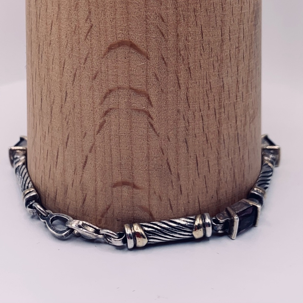 Bold Sterling Silver w/Faceted Emerald Cut Amethyst’s & Gold Accents Bracelet - Picture 4 of 16